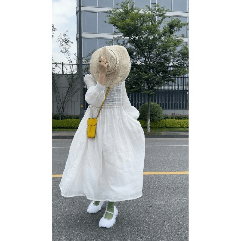 重工手缝拼接白色连衣裙 J24Q107