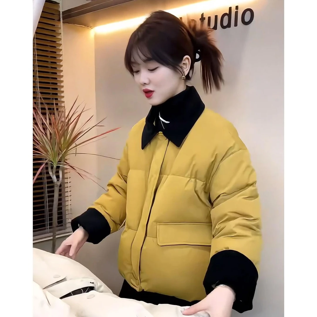 【时尚】网红撞色翻领棉服外套2024冬季新款时尚短款显瘦保暖棉服