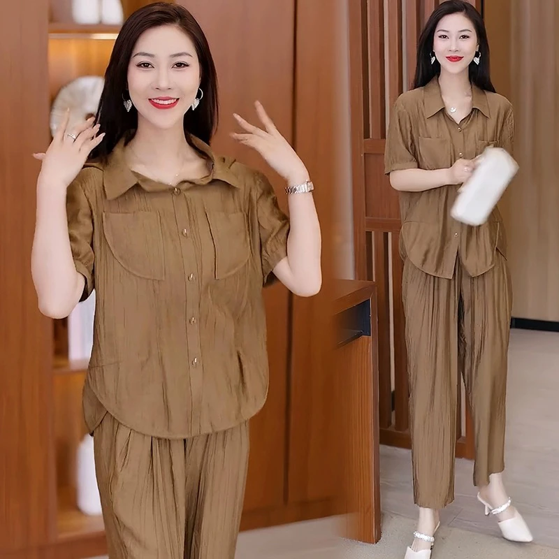 夏季新款妈妈装休闲短袖套装中老年纯色百搭衬衫两件套裤