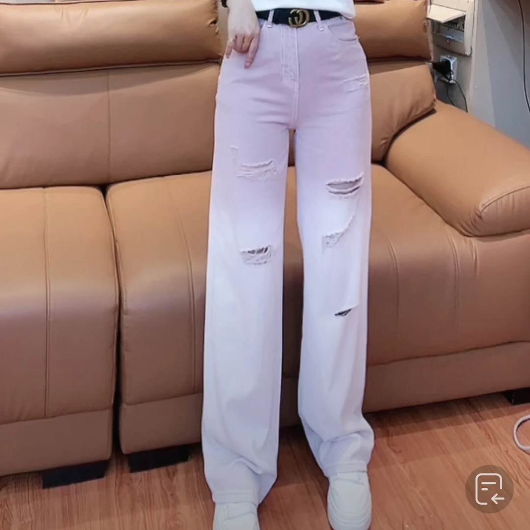 小敏家，定制款渐变色时尚破洞中高腰显瘦直筒裤牛仔裤