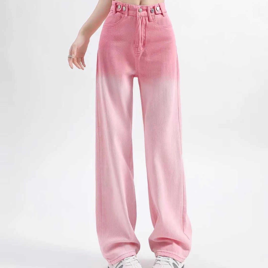 小敏家，夏季新款粉色渐变减龄中高腰窄版直筒阔腿裤