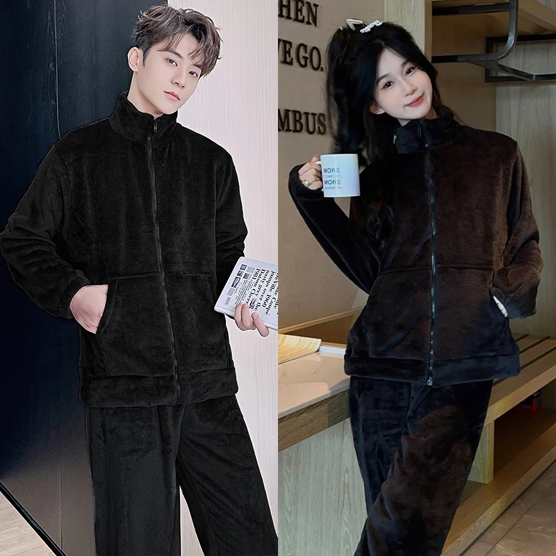 秋冬珊瑚绒情侣睡衣2024爆款大码300斤拉链男女可外穿家居服套装