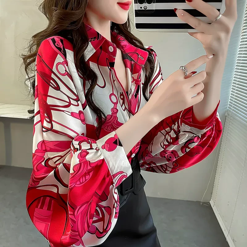 法式高级感衬衫女2024秋季新款大码蝙蝠袖上衣小众设计感印花衬衣