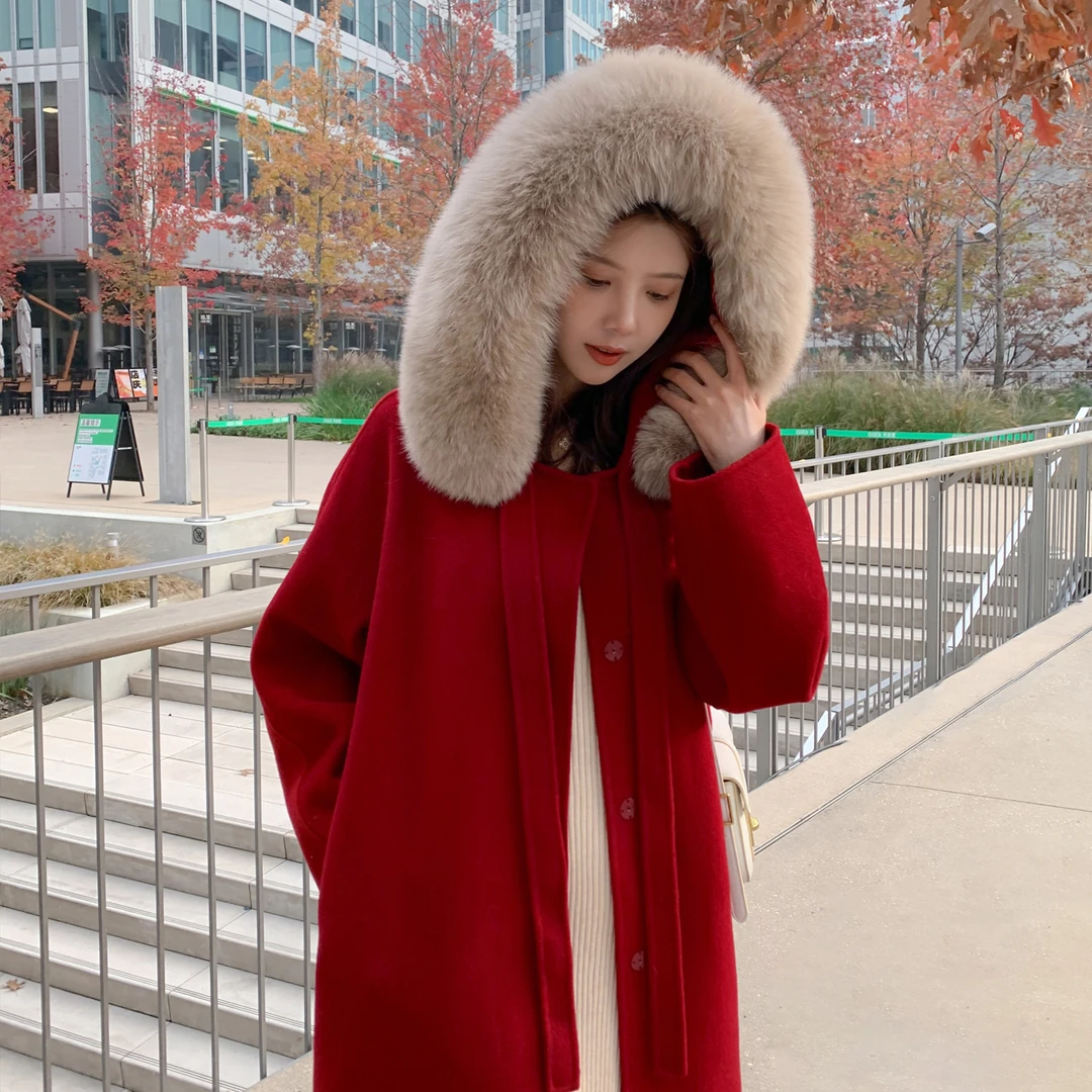 【2024】小魔女全羊毛系带狐狸大毛领双面羊毛大衣女秋冬长款红色
