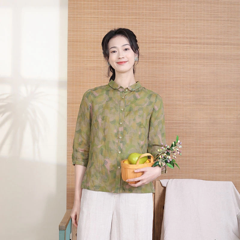 LXBX1布符新款夏季衬衫气质小圆领休闲印花小衫碎花上衣女装