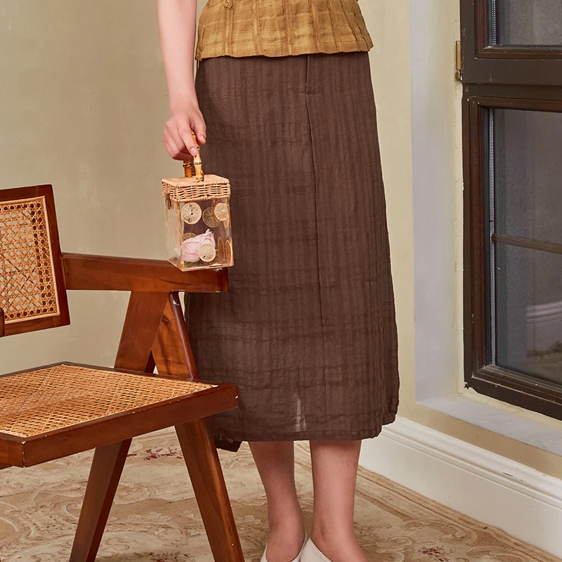 KXBQ7布符夏季新款格子后片开口半裙简洁文艺复古职业女士