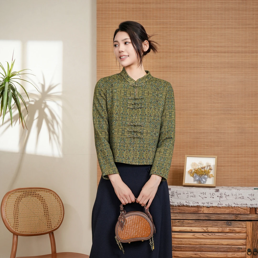 LQWY2D布符秋季新款一字扣针织衬衫中式收腰国风简约女装