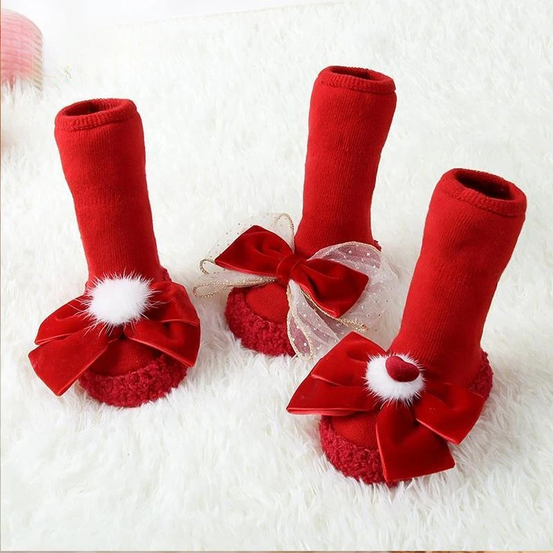 画糖计婴儿鞋冬宝宝鞋袜女防滑大红蝴蝶结满月鞋子儿童加厚毛圈袜