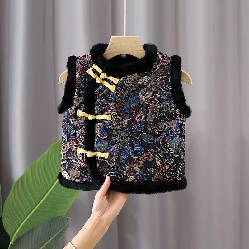 童装唐装马甲2024新款中国风儿童加绒加厚马甲男女宝宝背心年服红