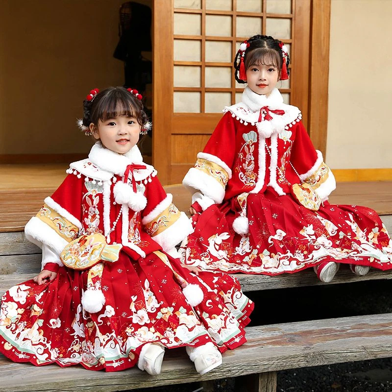 儿童汉服女童拜年服加厚中国风唐装日常喜庆年服秋冬套装拜年服