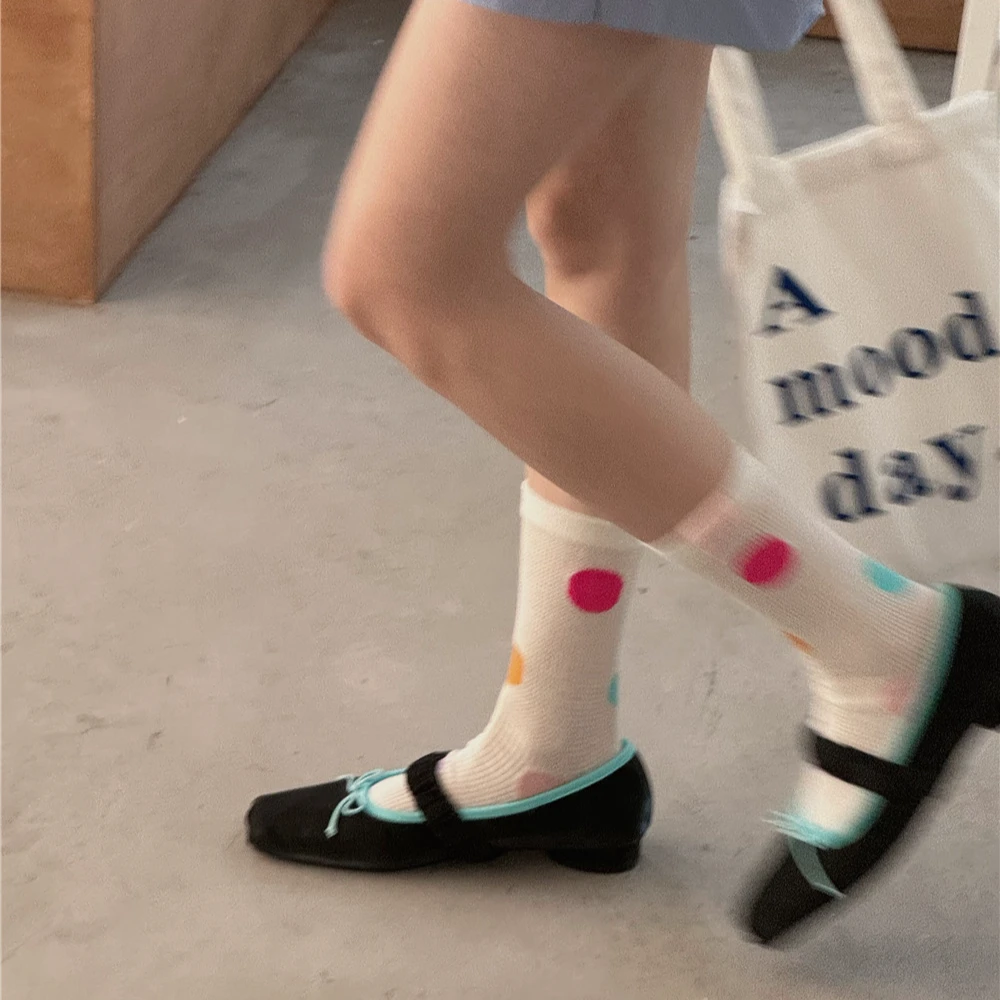 韩国东大门春夏薄款彩色波点中筒袜夏季新品堆堆袜透气吸汗袜子