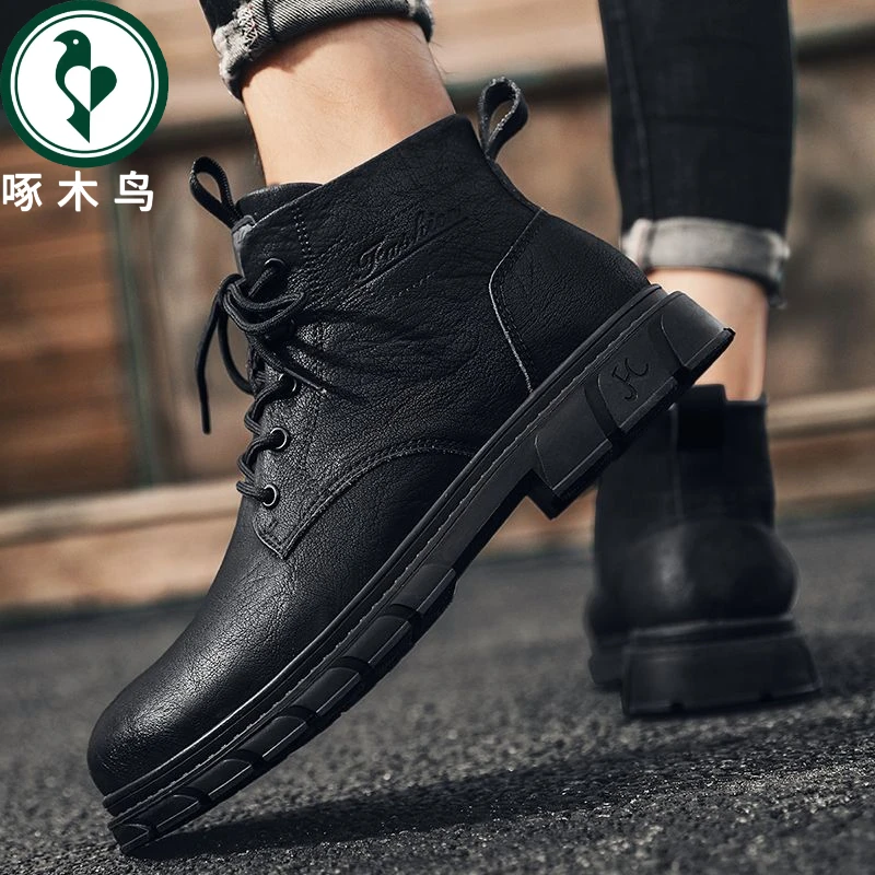 【正品】啄木鸟男圆头中帮2025年秋冬出席潮男鞋英伦风工装皮靴
