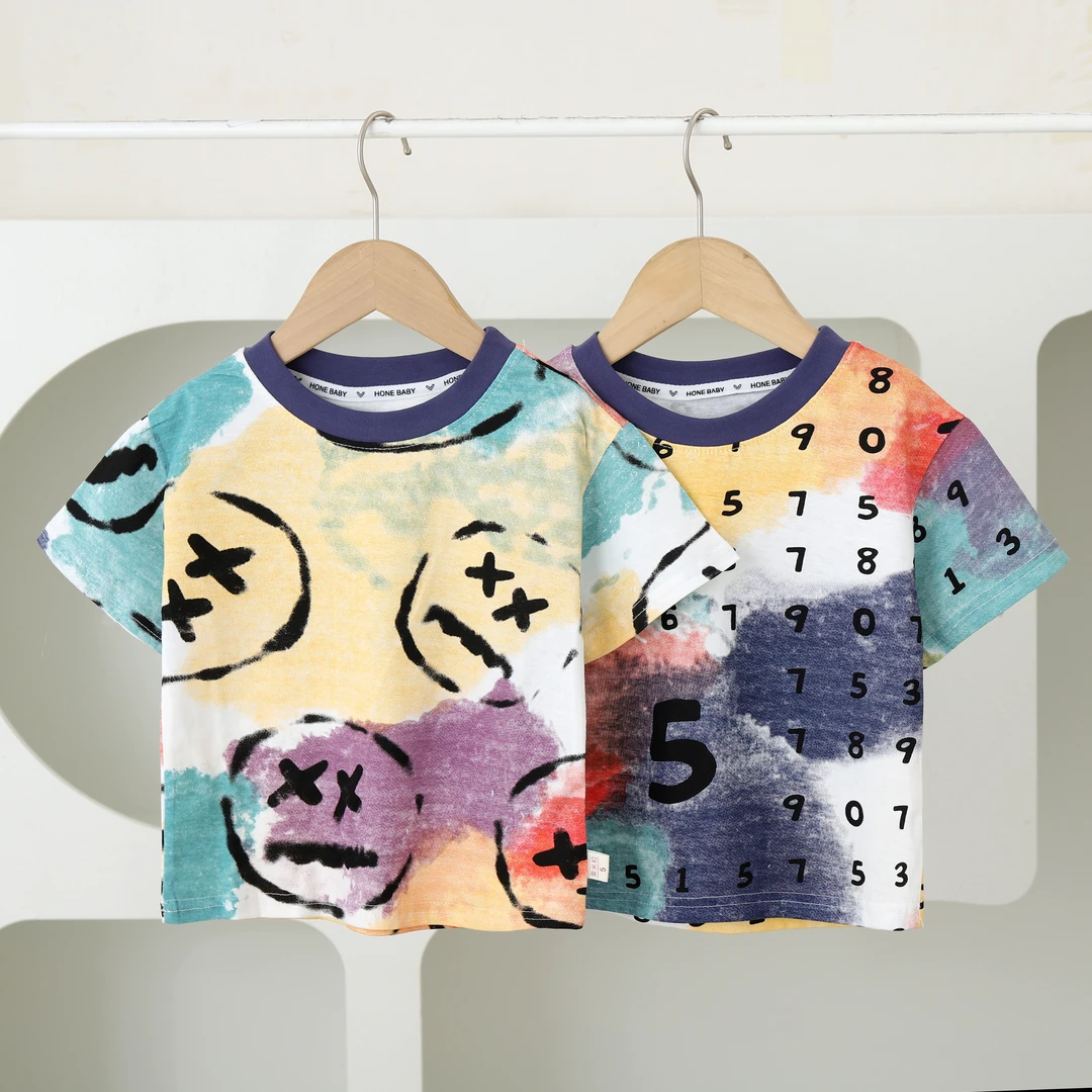 新款儿童T恤短袖上衣男童圆领针织棉质扎染时尚休闲短T恤夏季针织