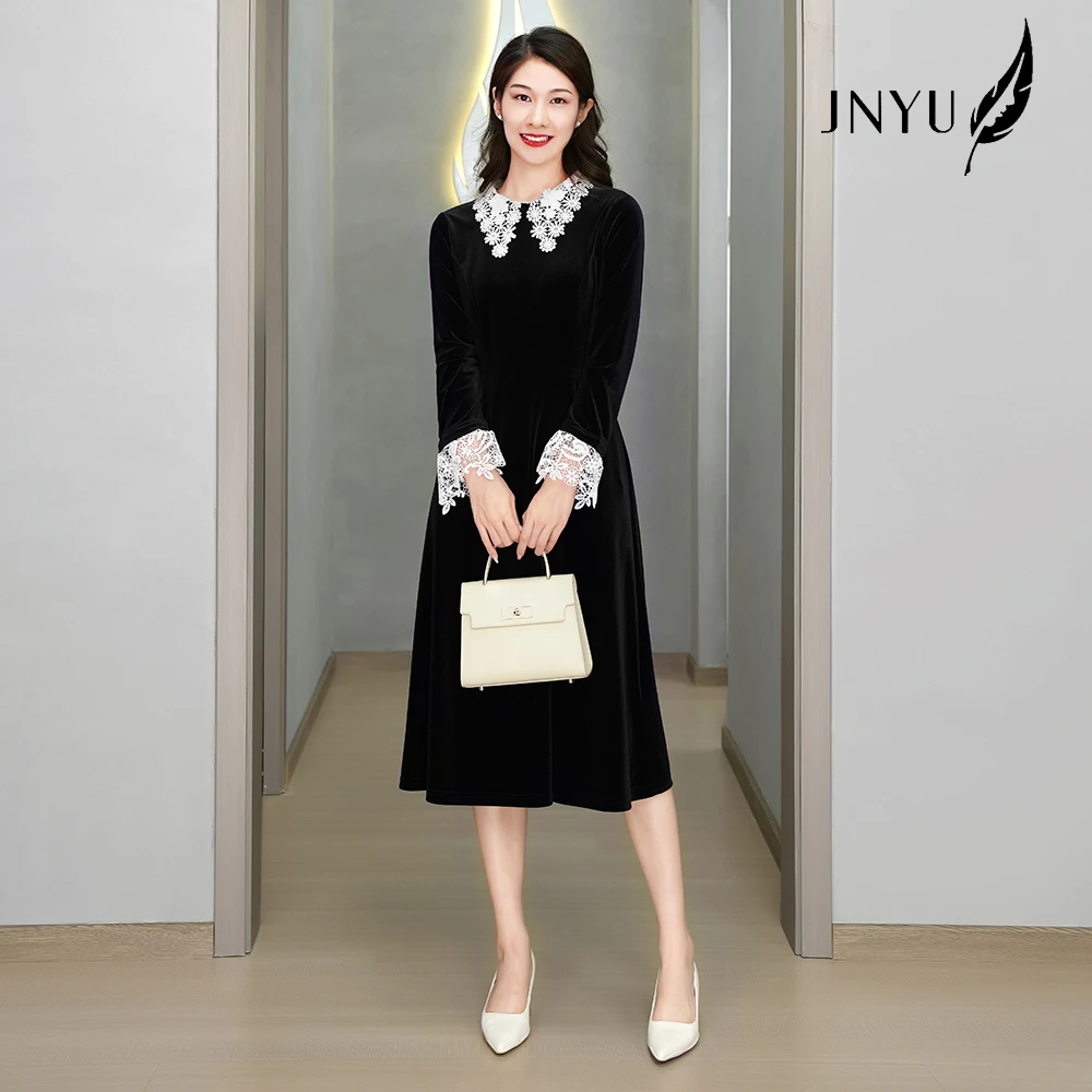 【JNYU一笑嫣然】秋季气质时尚丝绒镂空蕾丝拼接黑色连衣裙S123951A