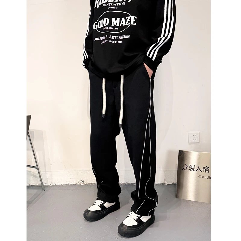 秋冬季卫裤男款宽松直筒潮牌百搭休闲运动裤垂感长裤反光条裤子潮