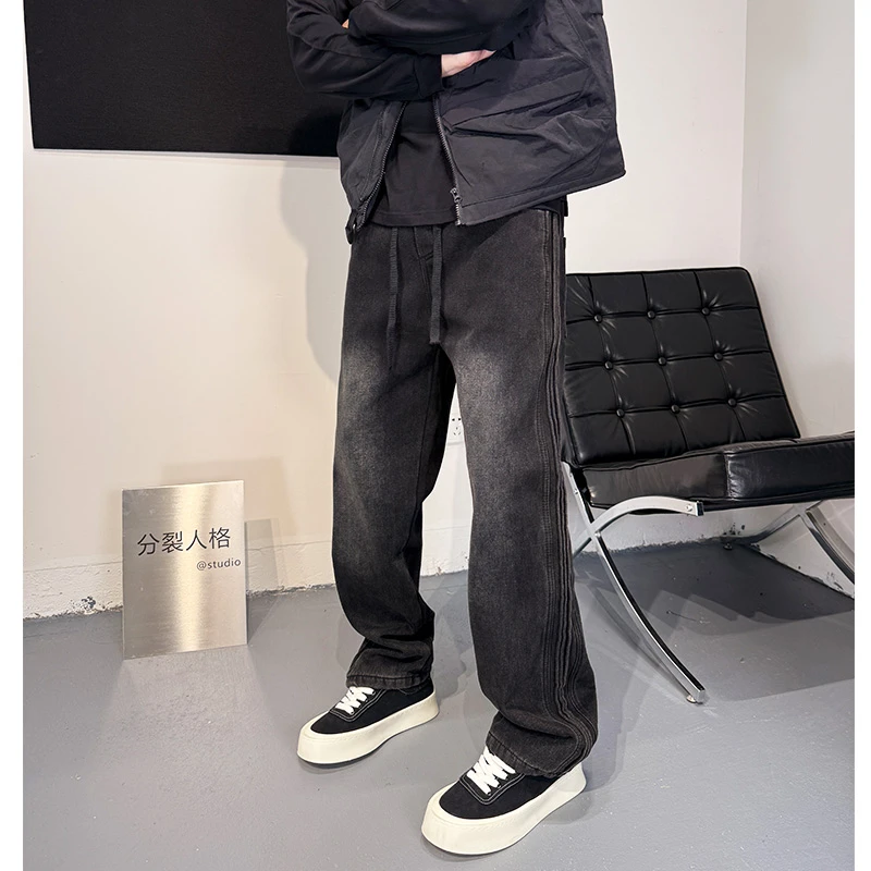 黑色牛仔裤男新款加绒宽松青少年直筒裤子美式潮牌加厚工装裤秋冬