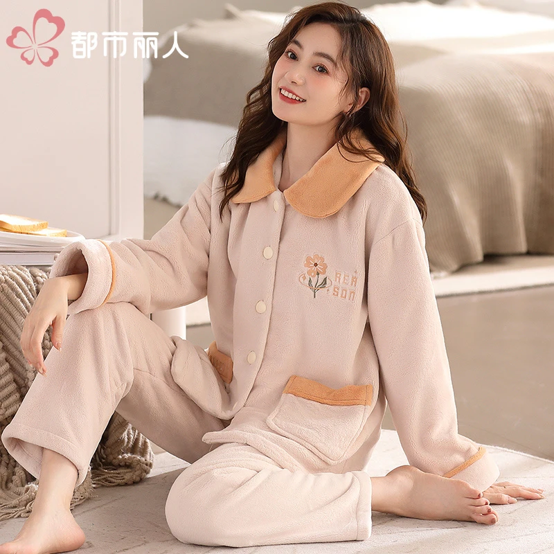 都市丽人睡衣火山绒加厚加绒软糯米白色小花简约款两件套家居服冬