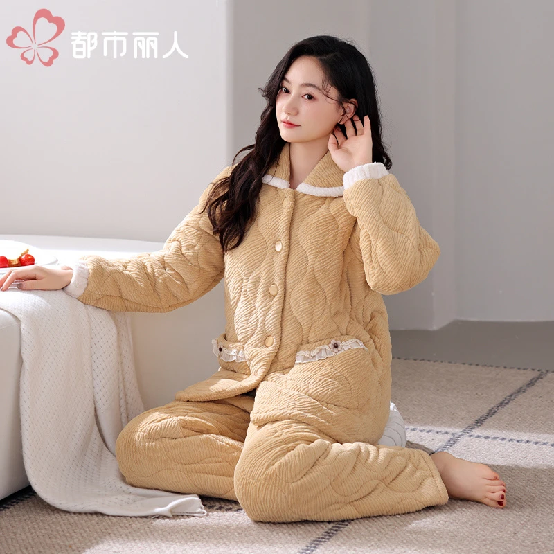 都市丽人睡衣【穿到零下20度】女高级奶酪黄三层加厚保暖家居服套