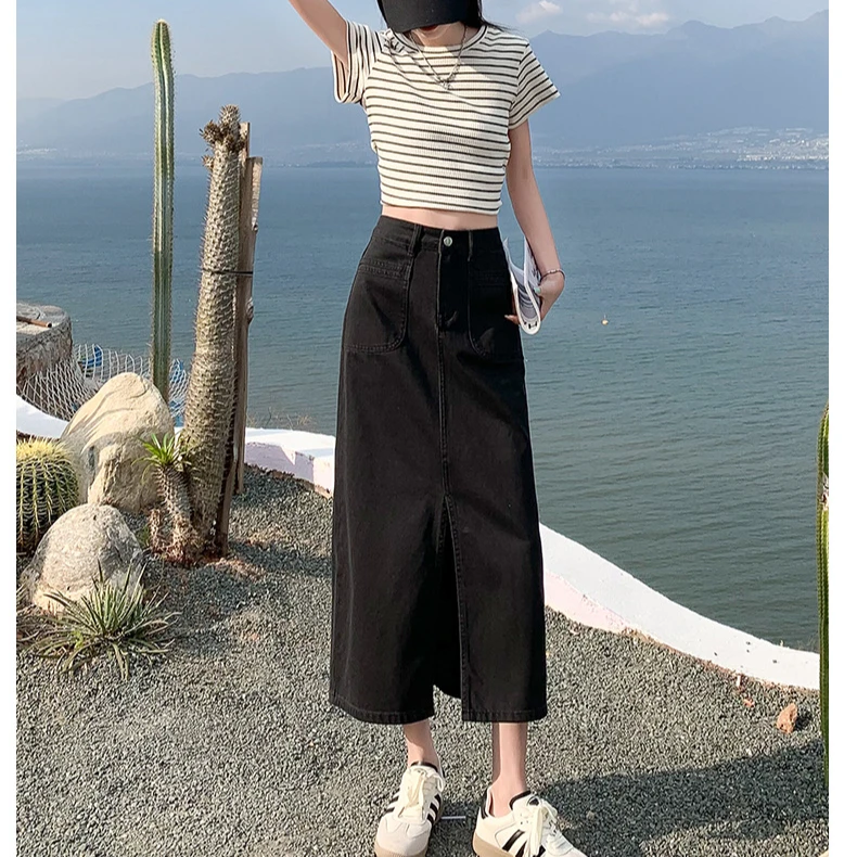 时尚大口袋牛仔半身裙女2024夏季新款高腰前开叉遮肉显瘦裙子