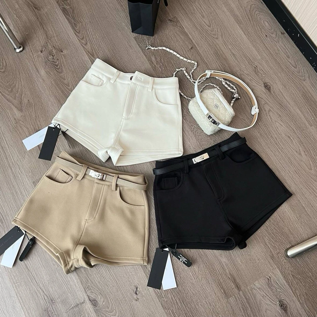 现现 附腰带！加绒加厚【纯色休闲阔腿短裤】高腰显瘦修身辣妹a字裤