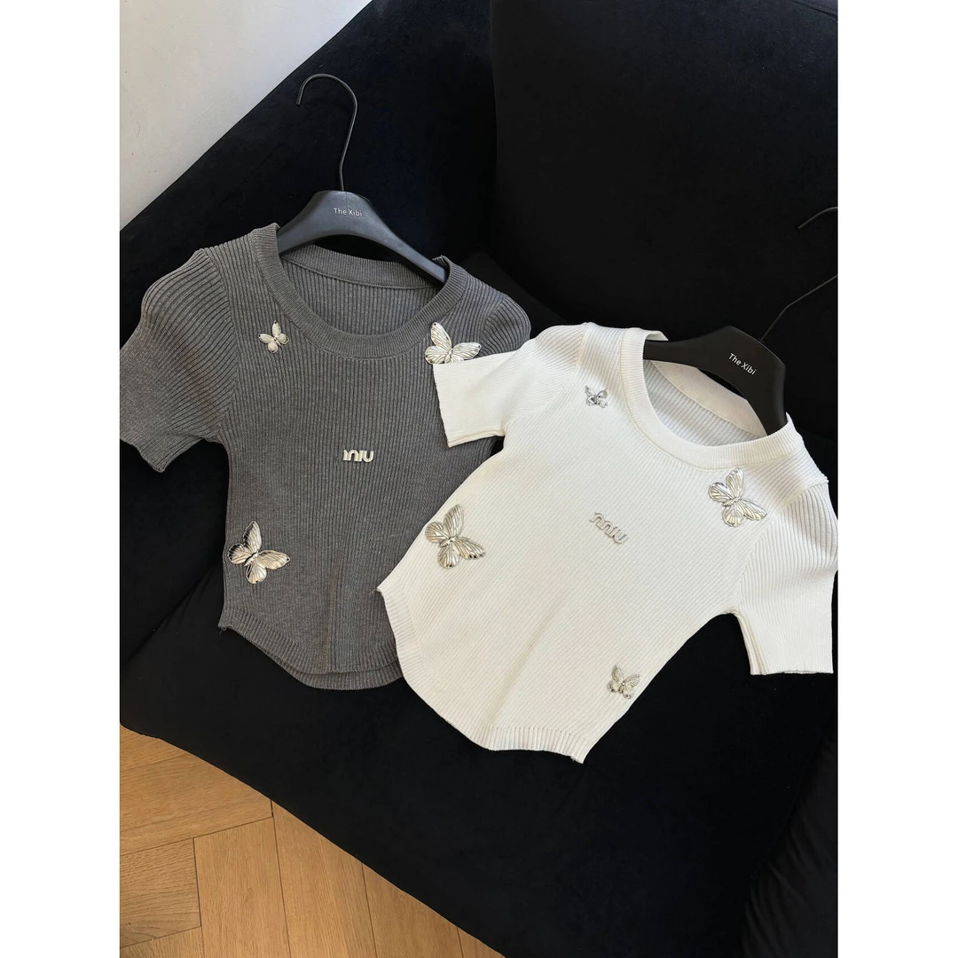 原39.9现现【重工金属蝴蝶结针织衫】显瘦短袖内搭纯欲辣妹短款上衣