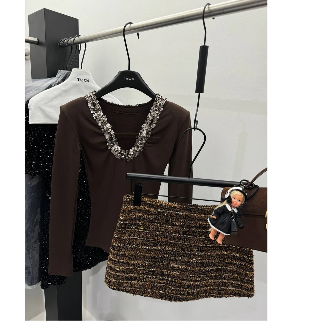 现现【加绒重工亮片v领长袖T恤】咖色性感打底衫修身内搭辣妹上衣