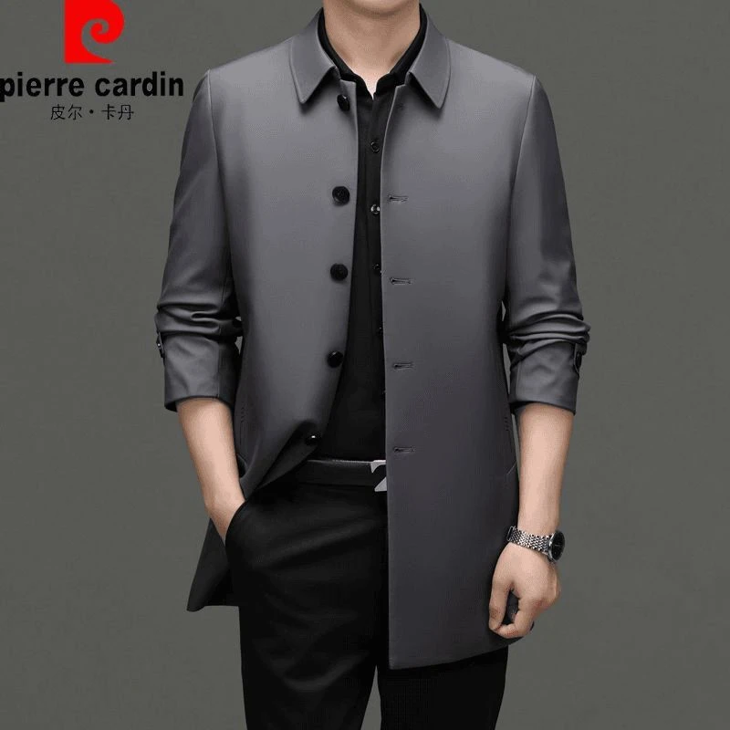 皮尔卡丹中长款风衣男翻领秋冬新款商务休闲大码外套中年爸爸男装