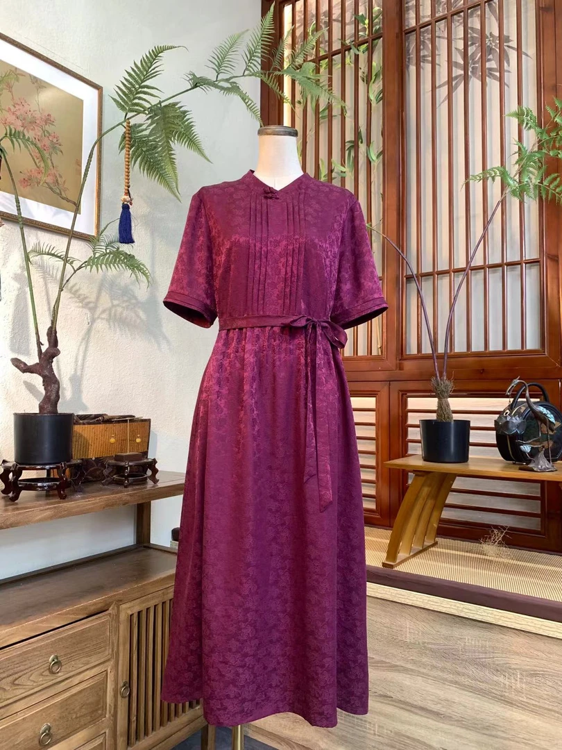 知羽.香云【晚风夜曲】春夏新款中式小V领香云纱提花萝连衣裙ZY7060