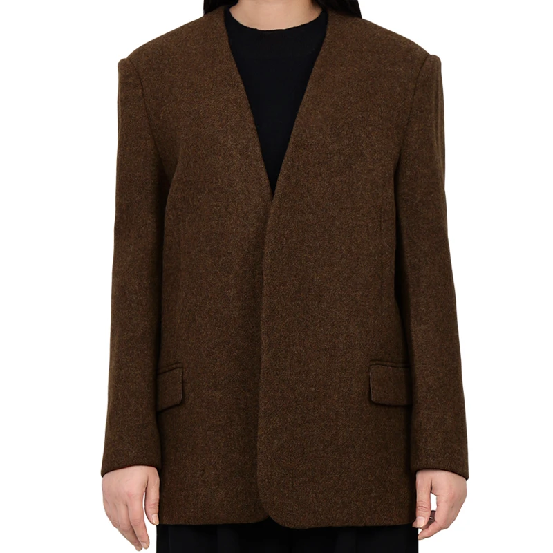 2024秋冬女装羊毛西装外套高端休闲商务简约V字领口毛呢驼色设计