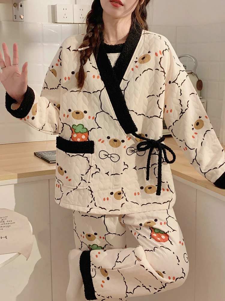 月子服秋冬季睡衣女空气棉孕妇哺乳产后宽松加厚保暖家居服三件套