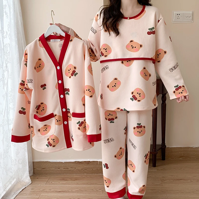 孕妇睡衣空气棉月子服秋冬加厚产后哺乳喂奶三件套大码保暖家居服