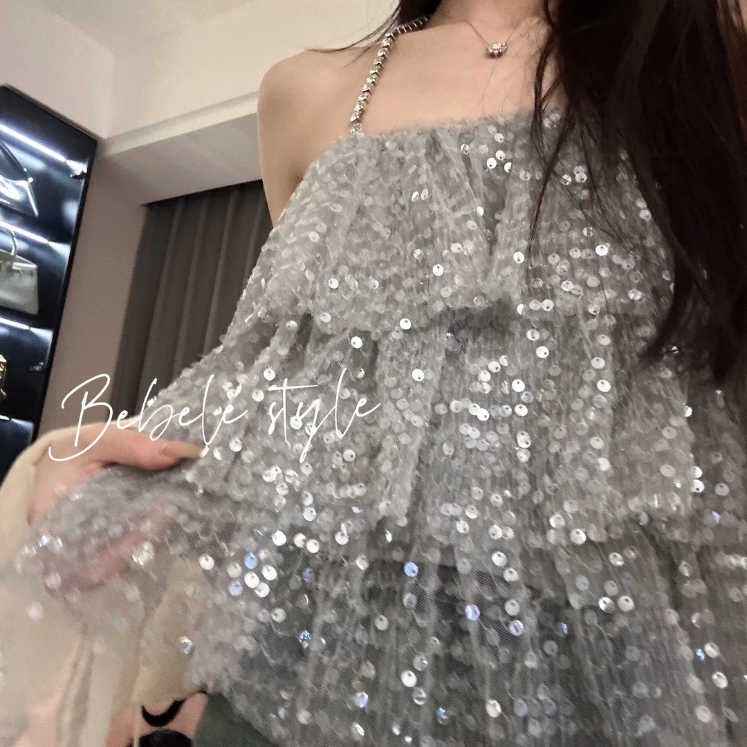 Bebele【绝美蓝】原创亮闪闪辣妹穿搭重工纯欲性感吊带背心可两穿