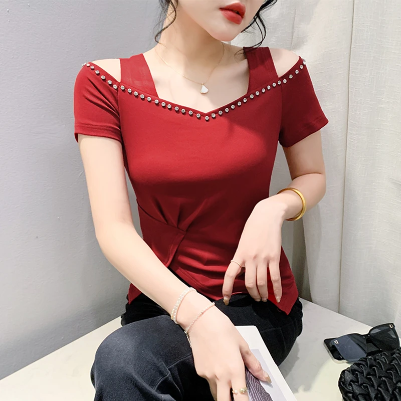 性感方领露肩上衣女春夏新款设计感不规则短袖T恤紧身百搭小衫潮