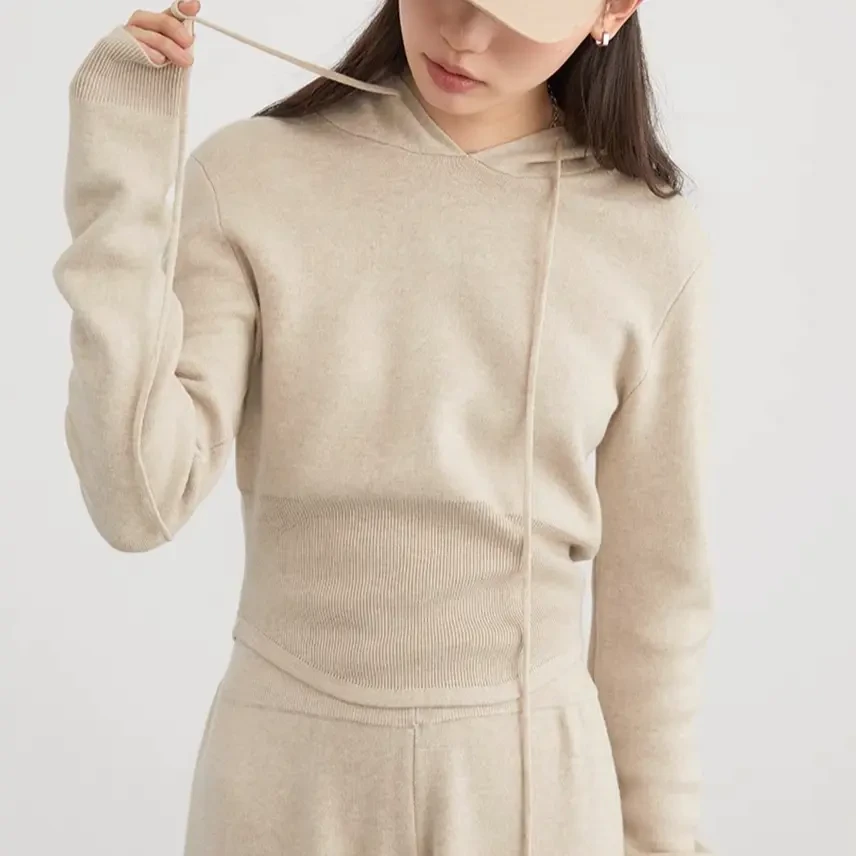 Eternalsun【慵懒假日】设计师款慵懒风女式针织短款帽衫休闲上衣