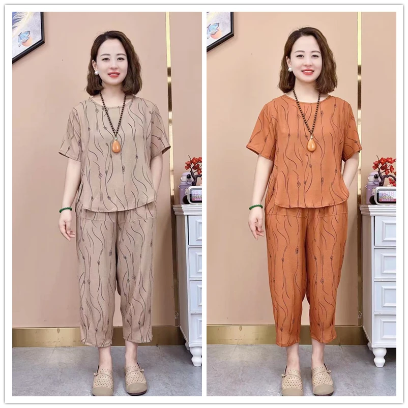妈妈时尚减龄九分主打凉爽套装新款洋气宽松显瘦气质女装大码夏季