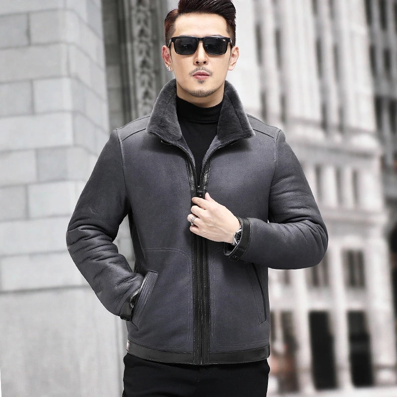 海宁皮毛一体男外套羊毛真皮真毛短款翻领秋冬季飞行夹克保暖大衣