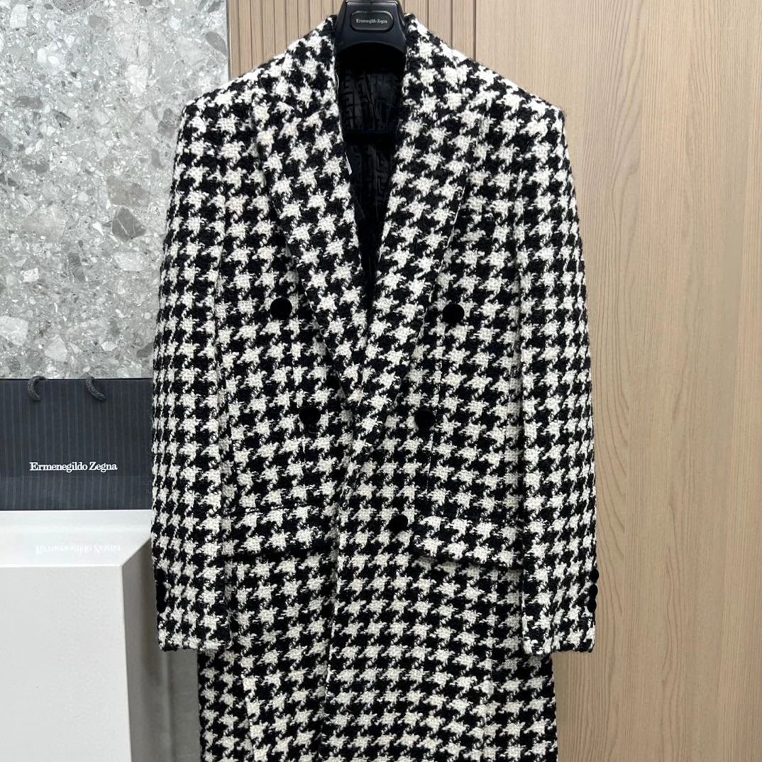 全新未使用 BALMAIN/巴尔曼 131685 千鸟格羊毛大衣 丝绒狮子扣