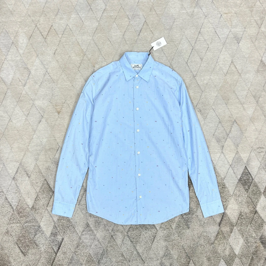 全新未使用 Hermes/爱马仕 128225 男款海岛棉棉衬衫 彩色提花