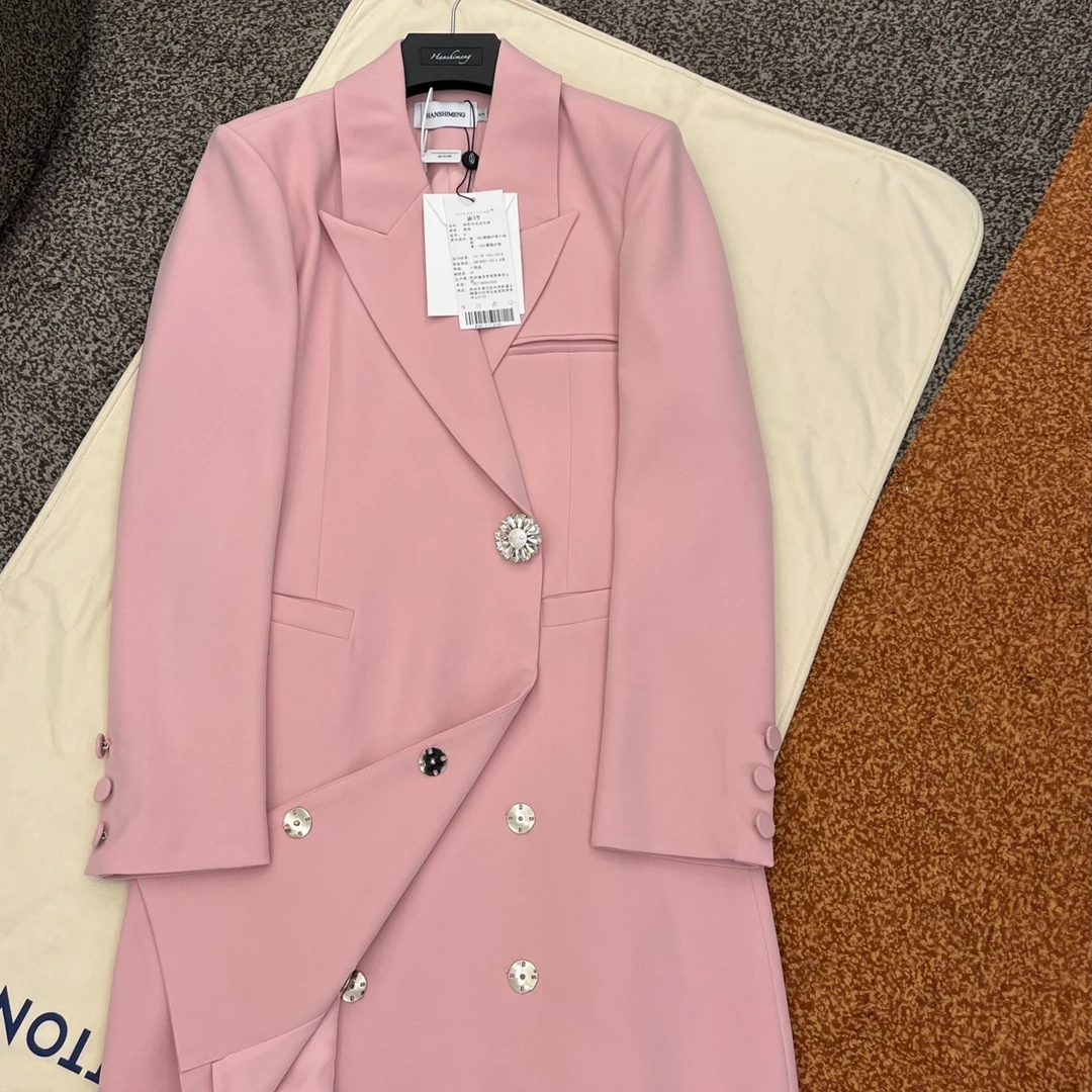 田娇baby 粉色长款西装时尚气质高级感名媛风轻奢西服修身设计师