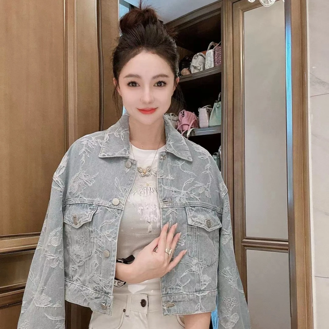 【2023秋季新款】田娇baby 花草刺绣牛仔外套设计师款时尚气质百搭