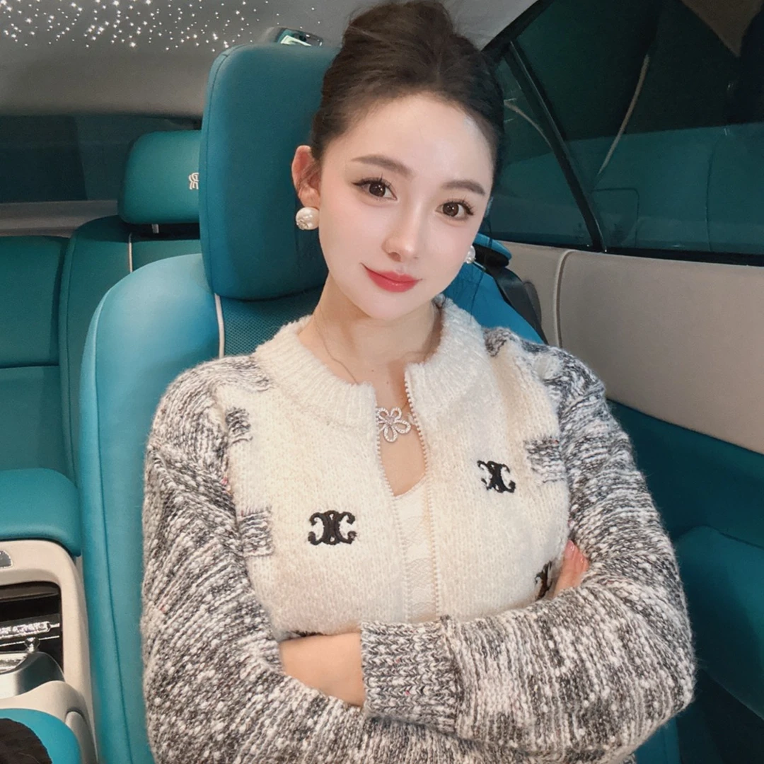 田娇baby  灰白拼接针织开衫温柔软糯高级休闲轻奢设计师款小香风