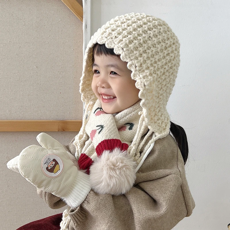 宝宝帽子秋冬新款手工公主针织毛线帽围巾冬季男女童冬季系带护耳