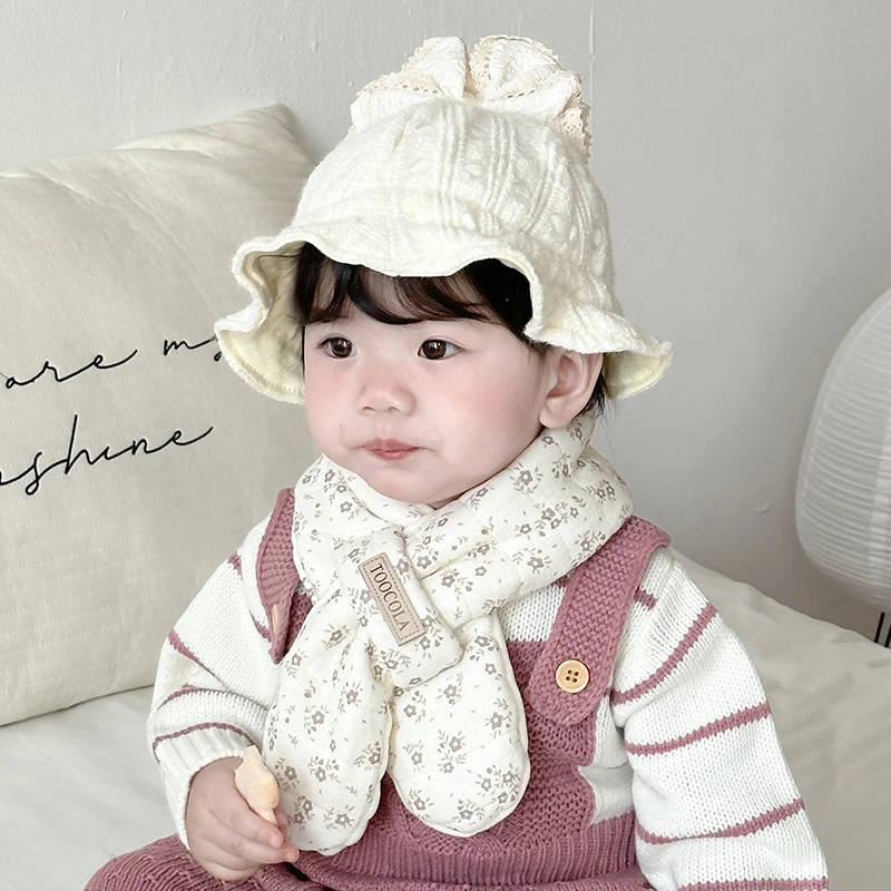 婴儿帽子宝宝春秋季遮阳防晒帽渔夫帽蕾丝公主女孩防风包头帽围巾