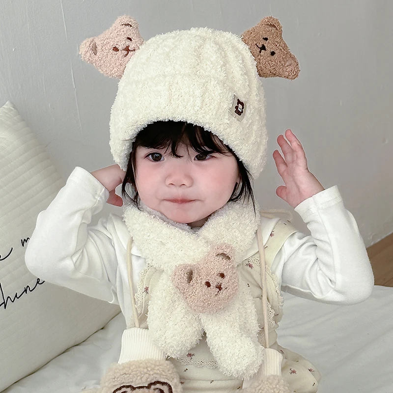 宝宝帽婴儿帽子围巾套装秋冬季男女童保暖毛线帽儿童小熊护耳帽