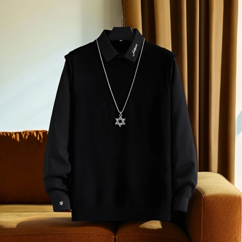 常规款/加绒 秋冬新款假两件毛衣男士羊毛衫打底高档绵羊毛针织衫