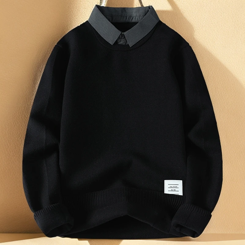 常规/加绒加厚 假两件毛衣男士潮流打底羊毛衫高档新款保暖针织衫