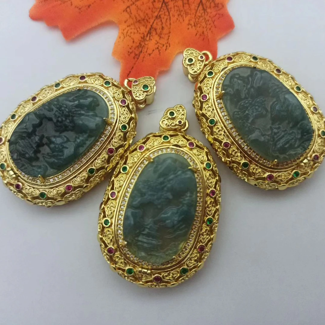 【李总专属】天然A货翡翠山水牌吊坠合金镶嵌 多样性发货