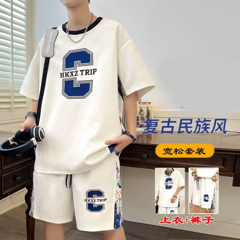 新款夏季学生宽松运动休闲套装夏装青少年跑步短裤短袖帅气两件套