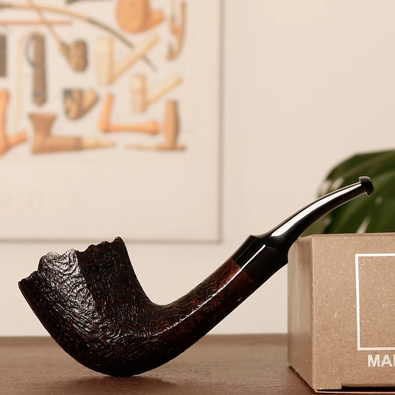 日本 Tsuge 柘植 黑喷砂弯斗 斗口瘤皮 3mm烟道 石楠木烟斗
