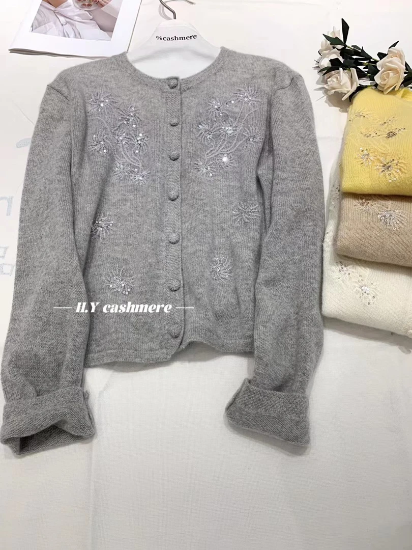 100%山羊绒新款时尚百搭刺绣珠片针织羊绒开衫